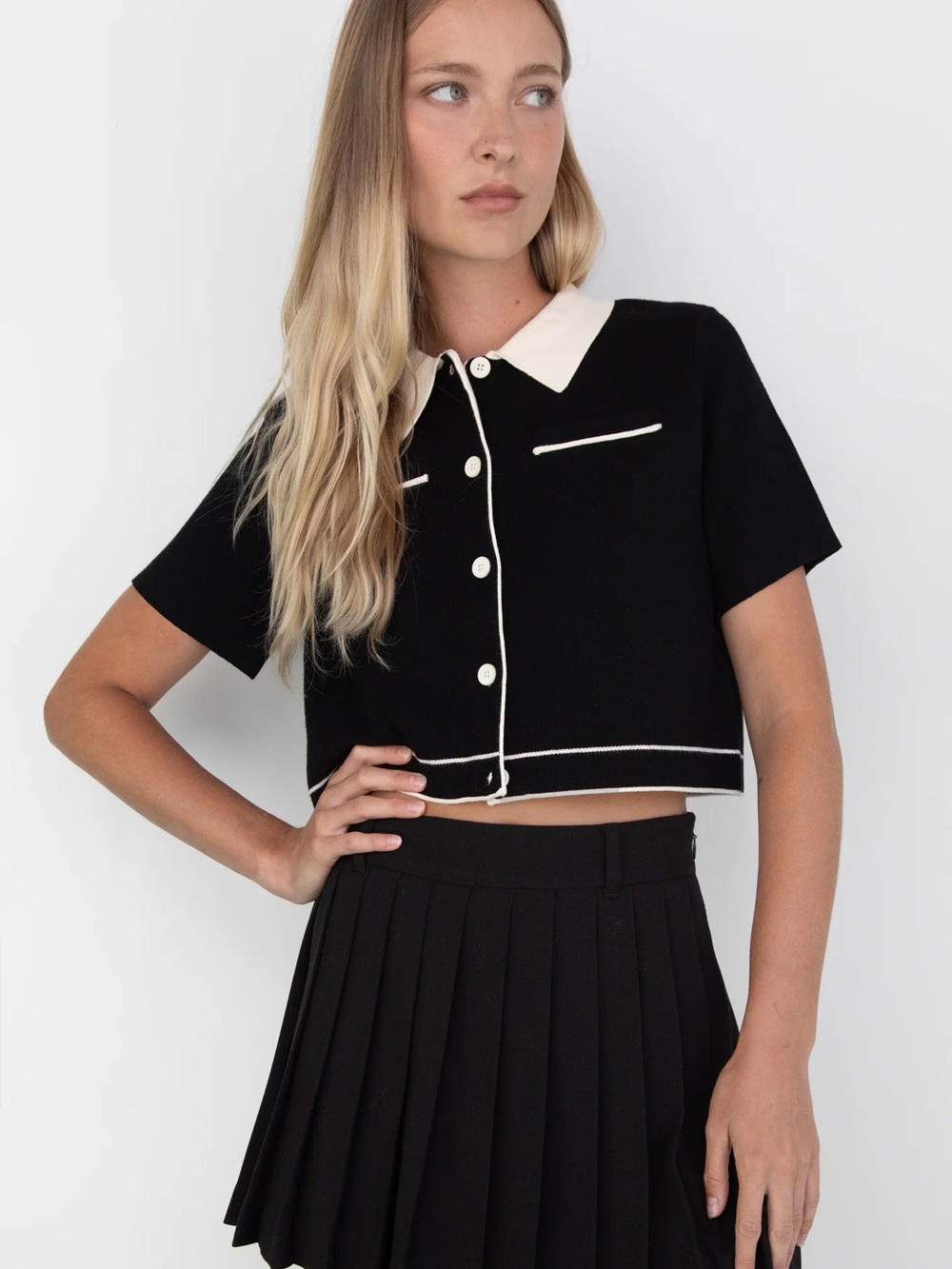 OAK + FORT Black Crop Cardigan with White Trim